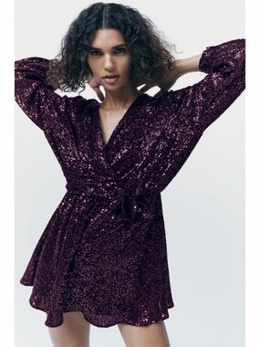 Zara | Purple Sequinned Crossover Playsuit with Floral Appliqué, Medium